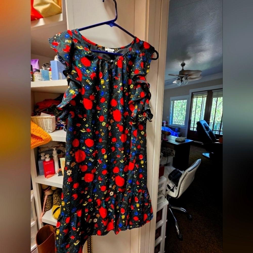 Floral Ruffle Dress with Red and Blue Accents